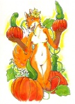 accessory anthro breasts claws dildo female finger_claws flower flower_in_hair food fruit genitals hair hair_accessory looking_at_viewer navel nipples nude plant pumpkin pussy sex_toy smile solo tail uaykan canid canine fox mammal 2006