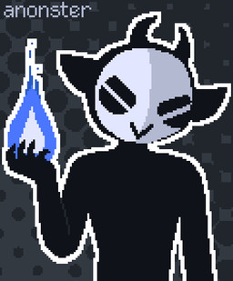 :> anthro biped black_body blue_fire colored_fire elemental_manipulation fire fire_manipulation grey_background halftone_background horn magic male masked_male mischievous_smile outline pattern_background pointy_ears simple_background solo unusual_eyes white_mask white_outline anonster demon horned_humanoid humanoid shadow_creature digital_media_(artwork) half-length_portrait halftone pixel_(artwork) portrait watermark