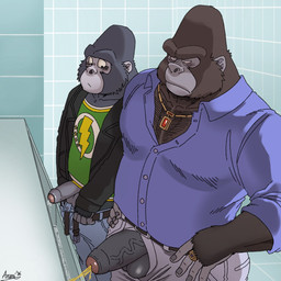 age_difference anthro balls bathroom big_penis black_balls black_body black_fur black_penis bodily_fluids body_hair bottomwear chest_hair clothed clothing duo erection foreskin fur genital_fluids genitals glans grey_balls grey_penis humanoid_genitalia humanoid_penis jacket jewelry looking_at_genitalia looking_at_penis male male_peeing necklace older_anthro older_male open_bottomwear open_clothing open_jacket open_pants open_topwear pants partially_retracted_foreskin peeing penis penis_poking_out penis_size_difference penis_through_fly pink_glans public_restroom shirt simple_background standing thick_penis topwear tough_guy urinal urinal_peeking urine urine_stream vein veiny_penis younger_anthro younger_male arumi87922 illumination_entertainment sing_(movie) big_daddy_(sing) johnny_(sing) ape gorilla haplorhine mammal primate 1:1 digital_media_(artwork) hi_res father_(lore) father_and_child_(lore) father_and_son_(lore) parent_(lore) parent_and_child_(lore) parent_and_son_(lore) son_(lore)