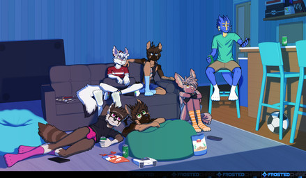 adolescent anthro ball bean_bag beverage_can blue_clothing blue_footwear blue_socks bulge cellphone chair chips_(food) clothed clothing controller detailed_background electronics eyewear food footwear freckled_face freckles furniture glasses group inside living_room lying lying_on_ground male on_chair on_front on_ground on_side on_sofa orange_clothing orange_footwear orange_socks phone pink_clothing pink_footwear pink_socks shirt sitting sitting_on_chair sitting_on_ground sitting_on_sofa sketchbook soccer_ball socks sofa sticker tail tank_top topless topwear tv_remote underwear white_clothing white_footwear white_socks young frostedchase mythology amber_(frostedchase) chase_(frostedchase) joshua_(frostedchase) levi_(gentorgal) max_(frostedchase) skye_(frostedchase) canid canine canis domestic_dog dragon fennec_fox fox german_shepherd herding_dog mammal mythological_creature mythological_scalie pastoral_dog procyonid raccoon scalie true_fox 2025 absurd_res cel_shading digital_drawing_(artwork) digital_media_(artwork) hi_res shaded brother_(lore) brothers_(lore) sibling_(lore)