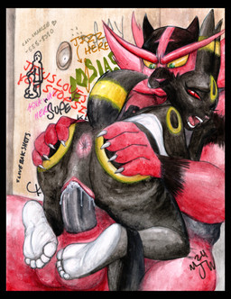 5_fingers 5_toes anthro anus balls big_balls biped black_body black_border black_fur black_penis bodily_fluids border butt claws clothed clothing clothing_around_one_leg countershade_feet countershade_fur countershading cum cum_in_vagina cum_inside drawing duo erection feet female fingers flaccid foot_focus fur genital_fluids genitals glory_hole green_eyes gripping_penis half-erect looking_at_another looking_at_genitalia looking_down looking_through_glory_hole male male/female moan on_lap open_mouth panties panties_around_one_leg panties_down partially_clothed penis pink_anus raised_tail red_body red_eyes red_fur red_sclera sitting sitting_on_lap size_difference soles spread_butt spreading tail teeth toes tongue underwear underwear_around_one_leg underwear_down vulva white_sclera writing_on_wall yellow_body yellow_fur yellow_sclera mjw_darkmode nintendo pokemon eeveelution generation_2_pokemon generation_7_pokemon incineroar pokemon_(species) umbreon 2024 absurd_res colored hi_res signature traditional_media_(artwork)
