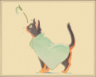 ambiguous_gender black_body black_fur blue_flower border brown_body brown_eyes brown_fur cloak cloak_only clothing feral flower fur green_cloak green_clothing orange_border pink_inner_ear pink_nose plant side_view simple_background solo tail whiskers yellow_sclera kounalix domestic_cat felid feline felis mammal 2025