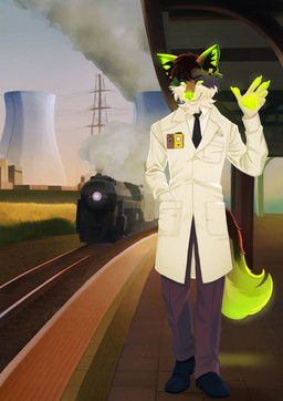 anthro clothed clothing coat fully_clothed gesture glowing green_eyes green_flesh green_nose lab_coat male nuclear_power_plant solo topwear train train_station vault-tec_logo vehicle waving waving_at_viewer waving_hand johjohart james_(mistah_novikov) canid canine canis coyote mammal absurd_res hi_res