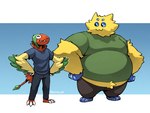 anthro anthrofied belly bottomwear clothing duo feathers hands_on_hips male overweight overweight_anthro overweight_male pants pokemorph shirt smile standing topwear yellow_body racesolar nintendo pokemon archen fossil_pokemon generation_5_pokemon joltik pokemon_(species) 4:3 hi_res