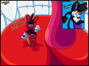 3_toes 4_fingers anthro big_feet big_tongue cartoon_gloves confident confusion duo feet fingers inside_mouth male male/male mawplay pawpads paws red_tongue smile smug smug_expression smug_face smug_grin smug_smile soft_vore soles toes tongue toony uvula vore marquis2007 herman_(marquis2007) roderick_(tamerkoh) imp lagomorph leporid mammal rabbit absurd_res hi_res