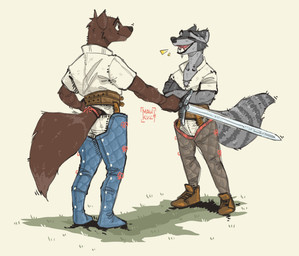 anthro belt boots brown_body brown_fur bulge clothing duo eyes_closed footwear fur grey_body grey_fur holding_melee_weapon holding_object holding_sword holding_weapon looking_at_another male male/male melee_weapon open_mouth shoes sword tail teeth teeth_showing tongue weapon mawkvlt isaac_(tormentoryarvin) gulonine mammal marten mustelid musteline procyonid raccoon hi_res