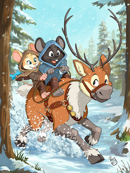 3_toes anthro barefoot black_nose blue_clothing blue_eyes blue_sky blue_topwear bottomwear brown_bottomwear brown_clothing brown_pants brown_topwear closed_smile clothed clothing eyelashes feet fur glistening glistening_eyes grey_body grey_fur group happy logo male mouth_closed multicolored_body multicolored_fur open_mouth open_smile orange_body orange_fur outside pants paws plant plantigrade riding sky smile snow snowing toes topwear tree trio whiskers white_body white_fur yellow_body yellow_fur young young_anthro young_male pandapaco iris_(character) mausie_(character) deer mammal mouse murid murine rodent artist_logo hi_res signature