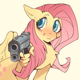ambiguous_gender cutie_mark feral gun holding_gun holding_object holding_ranged_weapon holding_weapon looking_at_viewer ranged_weapon simple_background smile solo weapon white_background wings nepentz friendship_is_magic hasbro my_little_pony mythology fluttershy_(mlp) equid equine mammal mythological_creature mythological_equine pegasus 1:1 absurd_res hi_res reaction_image female_(lore)
