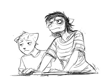 anthro clothed clothed_anthro clothed_female clothing duo eye_bags eyewear female glasses male hladilnik young_thug_and_lil_durk_troubleshooting daniel_(hladilnik) marylin_(hladilnik) american_opossum canid canine canis mammal marsupial virginia_opossum wolf 2026 black_and_white hi_res meme monochrome sketch