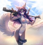 amarihel anthro biped breasts canid canine canis clothed clothing desert detailed_background digital_media_(artwork) female fur genitals gun hair hi_res holding_object holding_weapon legwear lena_(silier) long_tail looking_at_viewer mammal military mostly_nude multicolored_body multicolored_fur nipples portrait purple_eyes purple_hair pussy ranged_weapon rifle sniper sniper_rifle solo standing stockings tail thigh_gap three-quarter_portrait weapon wolf yoke_pose