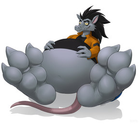 anthro barefoot belly big_belly big_feet black_hair clothing feet foot_fetish fur grey_body grey_fur hair huge_belly jacket male shirt solo tail topwear takesu ben_10 cartoon_network argit alien mammal murid murine rat rodent