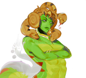 bangle big_breasts big_tail black_body black_eyebrows black_scales black_stripes breasts brown_body brown_scales crossed_arms curved_eyebrows dark_body dark_scales ear_piercing ear_ring empty_eyes eyebrows eyelashes fangs female feral forked_tongue gold_(metal) gold_bangle gold_jewelry green_body green_breasts green_lips group huge_tail iris jewelry light_body light_markings light_scales lips living_hair long_eyelashes long_tail looking_aside looking_at_viewer markings monotone_background mouth_closed multicolored_body multicolored_scales no_pupils nude nude_female nude_humanoid open_mouth piercing pseudo_hair red_body red_markings red_stripes red_tongue ring_piercing scales simple_background smile smirk snake_hair striped_body striped_hips striped_markings striped_scales striped_tail stripes tail tail_markings teeth thick_lips thick_tail three-quarter_view tongue tongue_out two_tone_body two_tone_scales white_background white_sclera wide_hipped_female wide_hipped_humanoid wide_hips yellow_eyes targanchik castle_crashers european_mythology greek_mythology mythology medusa gorgon humanoid reptile scalie snake 2026 digital_drawing_(artwork) digital_media_(artwork) half-length_portrait hi_res portrait signature