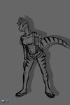 2:3 bottomwear clothing dinosaur dromaeosaurid drqube feathered_dinosaur feathers female hi_res raised_tail reptile scalie shorts solo solo_focus solo_in_panel striped_body stripes tail theropod