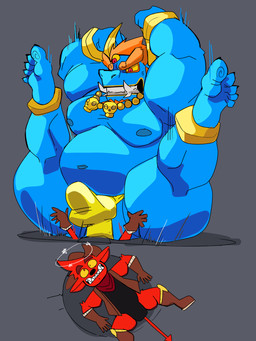 anklet anthro belly blue_body blue_fur bottomwear bulge butt_slam clothing detailed_bulge duo flattened fur horn jewelry male male/male musclegut muscular nipples pecs red_body red_fur shorts shortstack shortstack_male size_difference toony tusks coolietf kings_of_hell gremile_'hotshot' yama_(kings_of_hell) demon imp 3:4 hi_res