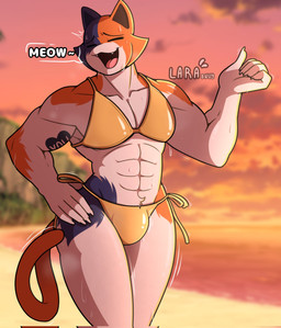 5_fingers abs anthro arm_tattoo beach bikini black_body black_fur bodily_fluids cheek_tuft clothed clothing crossdressing dialogue eyes_closed facial_tuft fingers fur gesture gold_bikini gold_swimwear golden_clothing hand_gesture hand_on_hip male multicolored_body multicolored_fur muscular muscular_anthro muscular_male open_mouth orange_body orange_fur solo speech_bubble standing sunset sweat sweaty_face swimwear tail tattoo tuft two-piece_swimsuit white_body white_fur yellow_bikini yellow_clothing yellow_swimwear larabnuy epic_games fortnite meowscles calico_cat domestic_cat felid feline felis mammal 2025 english_description hi_res