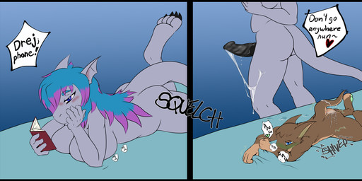 2_panel_comic anal anal_penetration anthro bed big_breasts big_butt big_dom_small_sub big_penis blush bodily_fluids book breasts butt cum cum_drip cum_in_ass cum_inside cum_on_body cum_on_butt cum_on_penis dialogue dialogue_box dialogue_with_sound_effects dominant dripping duo from_behind_position furniture genital_fluids genitals gynomorph gynomorph/male gynomorph_penetrating gynomorph_penetrating_male hair hair_over_eye highlights_(coloring) intersex intersex/male intersex_penetrating intersex_penetrating_male larger_gynomorph larger_intersex lying lying_on_another lying_on_bed male male_penetrated on_bed on_front onomatopoeia penetration penis prone_bone_position sex size_difference size_play smaller_male sound_effects speech_bubble speed_bump_position text thick_thighs novarraveditoa mythology the_nature_of_predators drejana_veditoa_(character) dragon mammal marsupial mythological_creature mythological_scalie scalie yotul_(the_nature_of_predators) absurd_res english_text hi_res