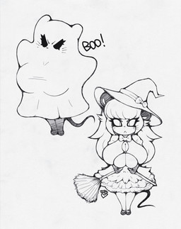 angry anthro big_breasts bottomwear breasts broom bulging_breasts cleaning_tool cleavage clothed clothing costume female hat headgear headwear holidays loli magic_user makeup oppai_loli simple_background skirt solo standing witch young smokyjai halloween tiffy_cheesecake ghost mammal mouse murid murine rodent spirit 2016 hi_res monochrome