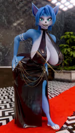 accessory anthro barefoot big_breasts black_clothing black_dress blue_body blue_eyes blue_fur blue_hair bouncing_breasts breasts clothing dress feet female fur hair hand_on_hip huge_breasts latex latex_clothing latex_dress looking_at_viewer multicolored_body multicolored_fur red_carpet sloshing_breasts smile solo two_tone_body two_tone_fur white_body white_fur wide_hips severalbaps hollow_hip_backless_chain_dress meme_clothing nintendo star_fox warfare_machine krystal_(star_fox) warfare_krystal canid canine fox mammal 2024 3d_(artwork) 3d_animation 9:16 animated digital_media_(artwork) hi_res meme no_sound short_playtime webm