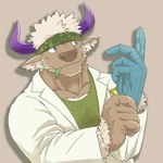 accessory anthro clothing coat gloves handwear headband horn lab_coat latex latex_clothing latex_gloves latex_handwear male solo topwear alf_nick lifewonders tokyo_afterschool_summoners shennong_(tas) bovid bovine cattle mammal 1:1