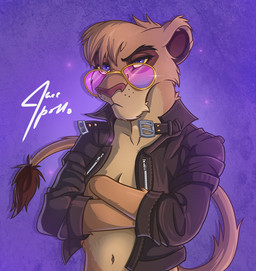 anthro clothing eyewear female jacket leather leather_clothing leather_jacket leather_topwear solo sunglasses tomboy topwear jace_apollo disney the_lion_king vitani_(the_lion_king) felid lion mammal pantherine