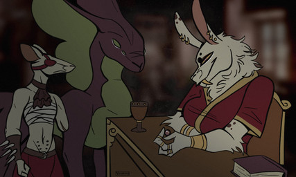 amputee anthro armor bandage bandaged_chest belt book bracelet chair clothing container cup desk disability drinking_glass ear_piercing eye_patch eyewear fangs female feral fur furniture glass glass_container glass_cup gold_(metal) gold_jewelry green_eyes group inside jabot jewelry marble multi_eye multi_nipple nipples piercing purple_eyes robe scar spikes table teeth trio tummy_nipples vambrace white_body white_fur wine_glass yellow_sclera vaxhunt alien lagomorph leporid mammal monster murid murine rabbit rat rodent 5:3 hi_res