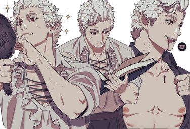 blood blood_from_mouth blood_in_mouth blood_on_face bodily_fluids book clothed clothing hair male mirror nipples not_furry open_clothing open_shirt open_topwear pecs preening reading sharp_teeth shirt solo teeth topwear white_hair jojajoja99999 baldur's_gate baldur's_gate_3 bioware dungeons_and_dragons electronic_arts hasbro larian_studios wizards_of_the_coast astarion_(baldur's_gate) elf humanoid vampire multiple_images