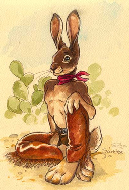 anthro barefoot biped brown_body brown_eyes brown_fur cactus chaps clothed clothing feet fur kerchief male plant solo tan_body tan_fur topless caribou_(artist) hare lagomorph leporid mammal 2005