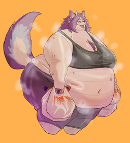 anthro belly big_belly biped bodily_fluids body_hair bottomwear breasts chest_hair clothed clothing crop_top double_chin eyes_closed eyewear fangs fat_arms female glasses groceries hair holding_bag horn huge_belly messy_hair morbidly_obese morbidly_obese_anthro morbidly_obese_female musk navel obese obese_anthro obese_female open_mouth orange_background overweight overweight_anthro overweight_female pants purple_hair round_glasses scales shirt simple_background slob smelly snack solo standing sweat sweatpants sweaty_arms sweaty_belly sweaty_clothing sweaty_shirt sweaty_topwear tail teeth three-quarter_view topwear wearing_glasses wide_hips tongxuemian scalie unknown_species 2025 absurd_res digital_drawing_(artwork) digital_media_(artwork) hi_res portrait three-quarter_portrait