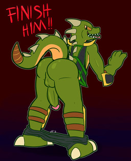 4_fingers against_surface against_wall anthro back_spikes backsack balls bent_over black_bottomwear black_clothing black_eyes black_pants black_topwear black_vest bottomwear bottomwear_down butt claws clothed clothing elbow_pads erection finger_claws fingers forked_tongue genitals glans gradient_background green_balls green_body green_clothing green_penis green_perineum green_scales green_topwear green_vest head_spikes hind_toe humanoid_genitalia humanoid_penis knee_pads looking_at_viewer looking_back male orange_sclera pants pants_down partially_clothed penis perineum pink_glans pink_tongue pupils purple_background raised_tail rear_view red_background scales simple_background solo spiked_tail spikes spikes_(anatomy) tail tan_body tan_claws tan_scales text toe_claws tongue tongue_out topwear vest yellow_body yellow_scales ultilix mortal_kombat reptile_(mortal_kombat) lizard reptile scalie 2021 english_text hi_res