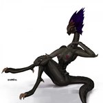 anthro arm_spikes black_body black_scales breasts butt claws crossed_legs female hand_on_leg leg_spikes long_neck nipples nude orange_eyes purple_nipples scales simple_background sitting solo spikes spikes_(anatomy) tail toe_claws goldmikun divinity_(series) kalqusk lizard_(divinity) lizardman scalie 1:1 hi_res