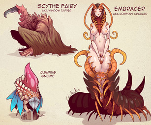 5_fingers ambiguous_gender antennae_(anatomy) areola breasts female fingers front_view genitals group navel nipples nude nude_female nude_humanoid simple_background standing text trio vulva lluisabadias arthropod centipede humanoid myriapod 2025 absurd_res digital_drawing_(artwork) digital_media_(artwork) english_text hi_res