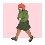 1:1 1_eye 2018 bigmsaxon border bottomwear clothing cyclops female footwear green_eyes hair hi_res humanoid not_furry pink_background red_hair shoes simple_background skirt smile solo sweater topwear walking white_border