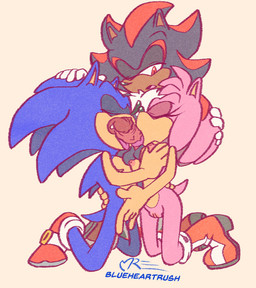 accessory andromorph anthro balls big_penis black_body blue_body bodily_fluids boots breasts chest_scar chest_tuft clothing collaborative collaborative_fellatio collaborative_oral collaborative_sex eyes_closed fellatio female fingering footwear genital_fluids genitals gloves group hair_accessory hairband hand_on_head handwear humanoid_genitalia humanoid_penis intersex intersex/male male male/female oral penile penis pink_body precum scar sex shoes trio tuft vaginal vaginal_fingering blueheartrush sega sonic_the_hedgehog_(series) amy_rose shadow_the_hedgehog sonic_the_hedgehog eulipotyphlan hedgehog mammal