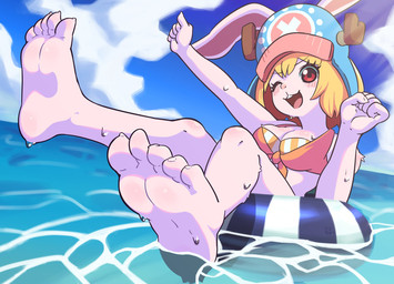 5_toes anthro barefoot blonde_hair blush breasts claws clothed clothing feet female fingers foot_focus fur fur_tuft hair humanoid_feet inflatable inner_tube light light_beam looking_at_viewer one_eye_closed open_mouth plantigrade red_eyes smile soles solo sunbeam sunlight swimwear teeth toe_claws toes tongue tuft two-piece_swimsuit water wet white_body white_fur wink himeko_nodanuki one_piece carrot_(one_piece) lagomorph leporid mammal minkmen_(one_piece) rabbit 2026 hi_res