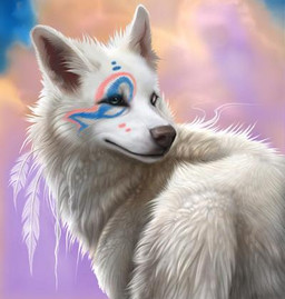 ambiguous_gender blue_markings brown_eyes eye_markings facial_markings feathers feral fluffy fur head_markings markings pink_markings side_view solo sunset white_body white_feathers white_fur khaosdog canid canine canis mammal wolf bust_portrait digital_media_(artwork) low_res portrait