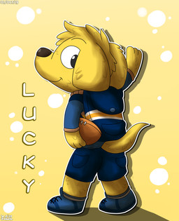 anthro backpack bag ball blue_bottomwear blue_clothing blue_footwear blue_shirt blue_shoes blue_shorts blue_topwear bottomwear clothed clothing footwear fur gridiron_ball male raised_hand rear_view shirt shoes shorts socks solo topwear yellow_body yellow_fur zandermanith bluey_(series) lucky_(bluey) bird_dog canid canine canis domestic_dog hunting_dog labrador mammal retriever hi_res