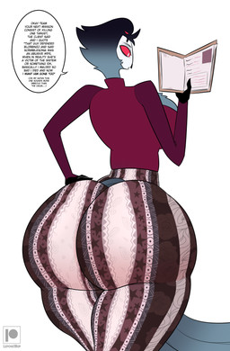 anthro beak big_butt book bottom_heavy bottomwear breasts butt butt_focus chest_tuft clothed clothing dialogue femboy fully_clothed grey_body hand_on_hip huge_butt huge_thighs hyper hyper_butt long_sleeves male moobs pants reading reading_book rear_view red_eyes red_sclera shirt simple_background solo speech_bubble tail text thick_thighs tight_bottomwear tight_clothing tight_pants topwear tuft white_background white_eyes wide_hips leponsart forbidden_pants hellaverse helluva_boss stolas_(helluva_boss) avian bird owl owl_demon absurd_res english_text hi_res