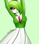 breasts clothed clothing female gardevoir generation_3_pokemon green_hair hair hi_res mammal nintendo not_furry pokemon pokemon_(species) red_eyes simple_background solo white_body wiwirawr