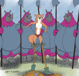 4_fingers anthro armor axe barefoot black_nose briefs clothed clothed_anthro clothed_male clothing feet fingers footwear fur grey_body grey_skin group hood humanoid_hands male multicolored_body multicolored_fur navel nipples outside red_body red_fur shoes standing stilts tail topless topless_anthro topless_male two_tone_body two_tone_fur underwear white_body white_fur spiritofash disney robin_hood_(disney) rhino_guard robin_hood canid canine fox mammal red_fox rhinoceros true_fox hi_res