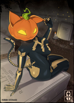 anthro black_body breasts butt candle cemetery female for_a_head glistening glistening_body glistening_breasts glistening_butt glowing glowing_eyes pumpkin_head sitting solo tombstone yellow_eyes iisfernando epic_games fortnite spice_(fortnite) domestic_cat felid feline felis mammal object_head 2025 absurd_res hi_res