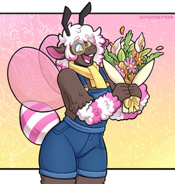 antennae_(anatomy) anthro arthropod_abdomen bouquet brown_body brown_fur clothing eyewear flower flower_bouquet fur glasses hair male overalls pink_hair plant scarf smile solo white_hair wings yellow_eyes shyshyoctavia reese_(reese_n_sawyer) arthropod bee bovid caprine hybrid hymenopteran insect mammal sheep absurd_res hi_res