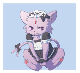 3_toes accessory anthro anthrofied balls bow_(feature) bow_accessory bow_ribbon bulge chest_tuft clothed clothing crossdressing erection erection_under_clothing feet fur furgonomics genitals hair_accessory hair_bow hair_ribbon maid_uniform male penis purple_body purple_eyes purple_fur ribbons simple_background solo tail tail_accessory tail_bow tail_ribbon toes tsundere tuft uniform zangusuu nintendo pokemon eeveelution espeon generation_2_pokemon pokemon_(species) 2012