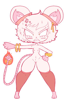 angry anthro barefoot blush blush_lines bracelet breasts clothing cross-popping_vein fangs feet female fire flat_chested fur genitals hair jewelry legwear legwear_only looking_at_viewer mostly_nude navel nipples pink_nipples simple_background small_breasts solo tail teeth thick_thighs thigh_highs thigh_highs_only vulva white_background white_body white_fur wide_hips yellow_eyes usagibun1 varis_(usagibun1) mammal mouse murid murine rodent 2024 digital_media_(artwork) hi_res
