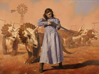 3_horns ambiguous_gender boots brown_body brown_hair brown_scales claws clothing day double-barreled_shotgun dress female feral footwear grass group gun hair holding_gun holding_object holding_ranged_weapon holding_rifle holding_weapon horn multi_horn open_mouth outside plant ranged_weapon rifle rock scales shoes shotgun standing tail weapon white_body white_scales windmill victor_adame_minguez ceratopsian ceratopsid chasmosaurine dinosaur human mammal marginocephalian ornithischian prehistoric_species reptile scalie triceratops 2022 4:3 hi_res traditional_media_(artwork)