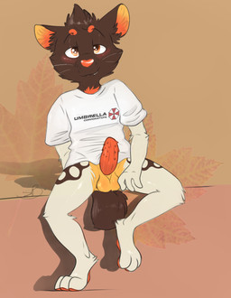 animal_genitalia anthro balls biped blush bottomless clothed clothing erection feet fur genitals hair hindpaw looking_at_viewer male multicolored_hair orange_eyes pawpads paws penis pink_pawpads simple_background sitting smile solo teeth text backsash capcom resident_evil umbrella_corporation felid mammal 2015 absurd_res digital_media_(artwork) english_text hi_res
