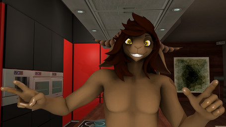 brown_body brown_hair gesture hair hand_gesture horn looking_at_viewer male pointing shirtless smile solo yellow_eyes waspwoohoo warfaremachine_(modeler) kafaa_(waspwoohoo) warfare_goat bovid caprine goat mammal 16:9 2022 3d_(artwork) digital_media_(artwork) hi_res widescreen