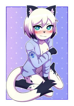 anthro biped blue_clothing blush bottomless clothed clothing dipstick_tail eyebrows featureless_crotch female flat_chested hair loli looking_at_viewer markings nipples simple_background solo spotted_legs tail tail_markings white_body white_hair young young_anthro young_female gi0 felid feline leopardus mammal ocelot absurd_res hi_res