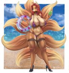 9_tails anthro beach big_breasts bikini black_nose blue_eyes breasts brown_body brown_fur chest_tuft cleavage clothed clothing cloud collar eyebrows eyelashes female fishnet_clothing fishnet_legwear food footwear fur hair high_heels holding_food holding_object holding_popsicle huge_breasts instagram_logo legwear long_hair looking_aside midriff multi_tail multicolored_body multicolored_fur navel outside patreon_logo popsicle red_hair sand seaside shoes skimpy sky solo standing swim_ring swimwear tail tan_body tan_fur thigh_highs tuft twitter_logo two-piece_swimsuit two_tone_body two_tone_fur water delta26 instagram patreon twitter miyakofox canid canine fox mammal 2022 artist_name hi_res signature