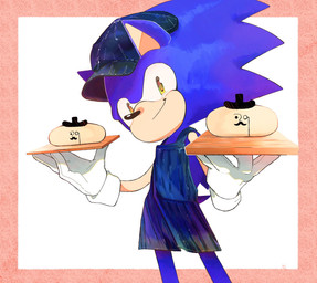 anthro apron blue_body blue_fur border bread clothing eyewear food fur green_eyes hat headgear headwear holding_food holding_object male monocle pink_border simple_background smile solo standing white_background 555_pn komeda's_coffee sega sonic_the_hedgehog_(series) sonic_the_hedgehog eulipotyphlan hedgehog mammal hi_res