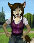 anthro bottomwear brown_hair clothing denim denim_bottomwear denim_clothing female hair jeans one_eye_closed outside pants piercing ring shirt sky solo tail tongue tongue_piercing topwear wink magpie_(artist) tee_(ajna) felid mammal 4:5